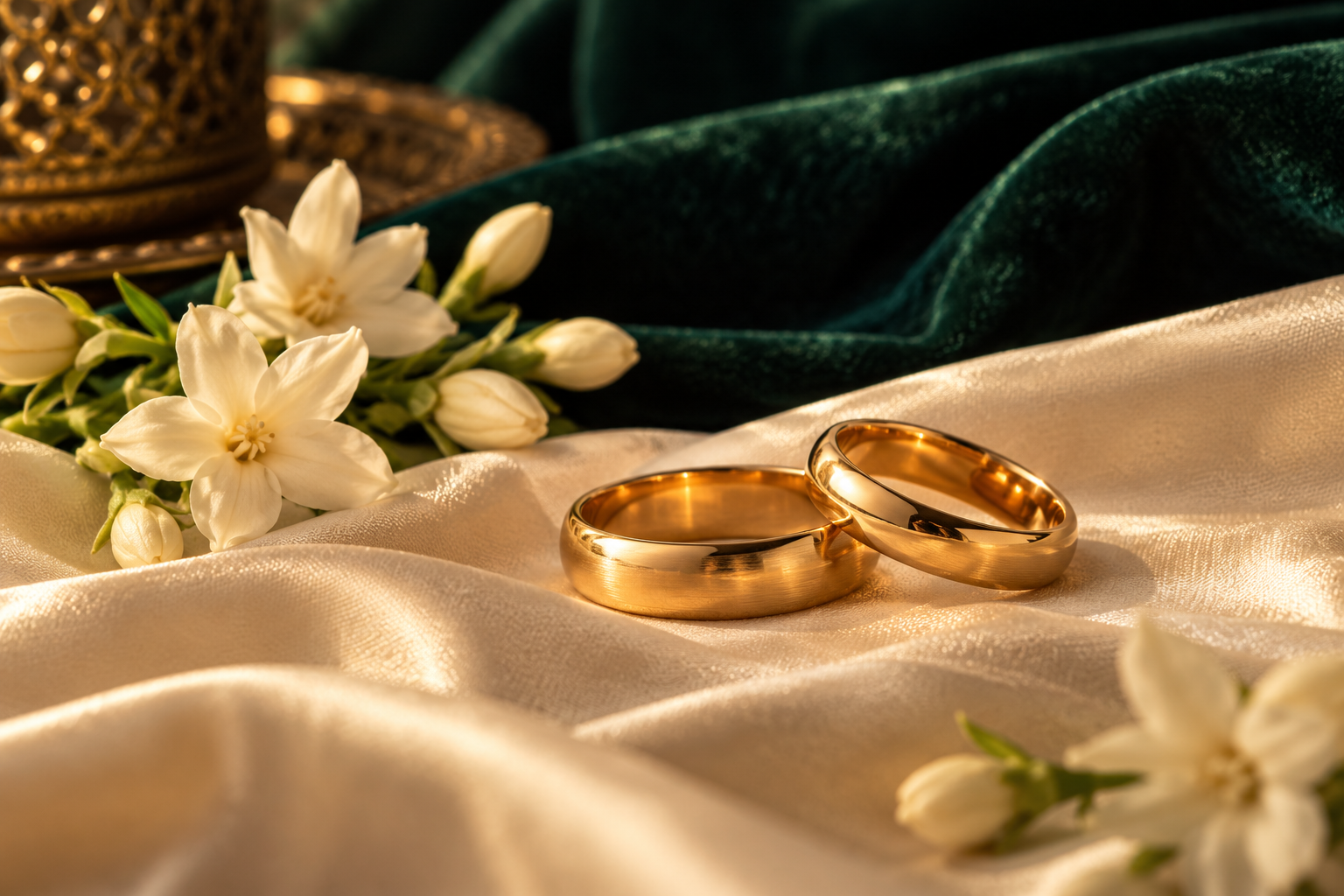 Two gold wedding rings resting on cream silk beside jasmine flowers